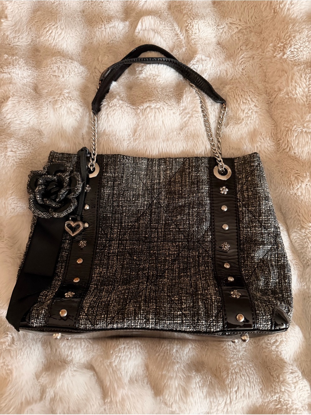 Brighton Black And White Tweed Tote Bag with Chain Handles